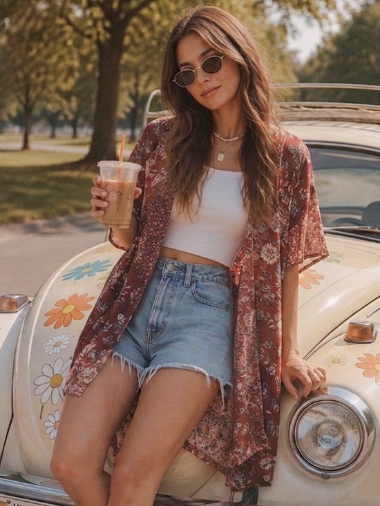 Knox Rose Sweaters - Knox Rose Boho Floral Kimono Cardigan L Rust Open Front Cottagecore Festival